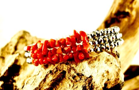 bracelet 3 rangs corail rouge et argent