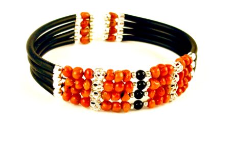 bracelet memoire 4 rangs corail rouge et onyx