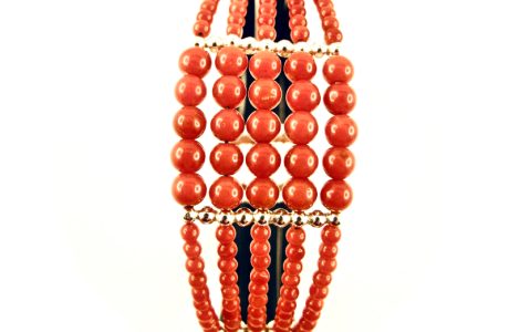 Bracelet manchette 5 rangs perles de corail rouge