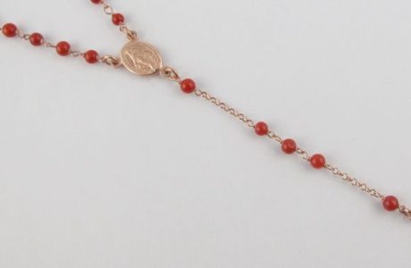 collier chapelet en corail rouge de Méditerranée et argent plaqué or rose