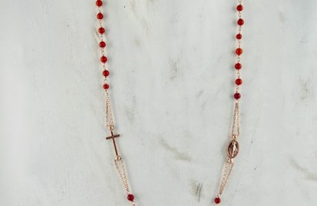 collier-rosaire corail rouge et argent plaqué or rose