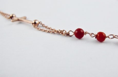 collier-rosaire corail rouge et argent plaqué or rose