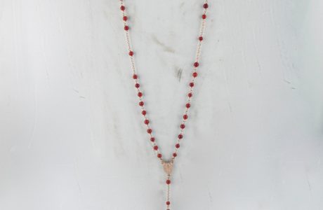 collier chapelet en corail rouge de Méditerranée et argent plaqué or rose