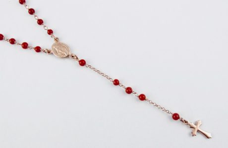 collier chapelet en corail rouge de Méditerranée et argent plaqué or rose