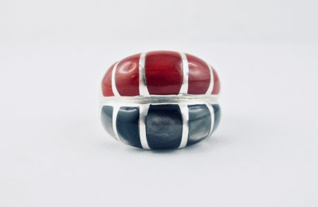 bague alliance duo corail rouge et nacre black lip, argent massif