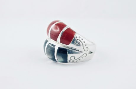 bague alliance duo corail rouge et nacre black lip, argent massif