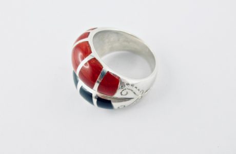bague alliance duo corail rouge et nacre black lip, argent massif