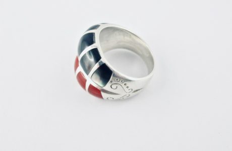 bague alliance duo corail rouge et nacre black lip, argent massif