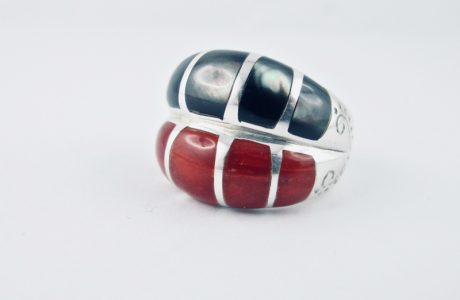 bague alliance duo corail rouge et nacre black lip, argent massif