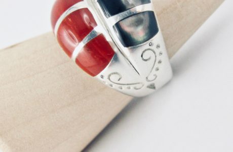 bague alliance duo corail rouge et nacre black lip, argent massif