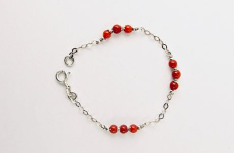  Bracelet de petites perles 3 mm  de véritable corail rouge de Méditerranée et chaine argent 925/1000e